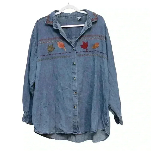 Vintage Chambray Denim Button Up Blouse Size 2X Fall Embroidered Leaf Cotton - Picture 1 of 11
